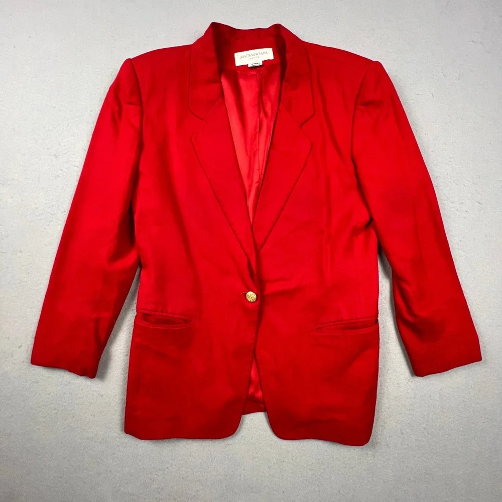 Jones New York Blazer Women 12P Red Gold Crest Button VTG Professional Office